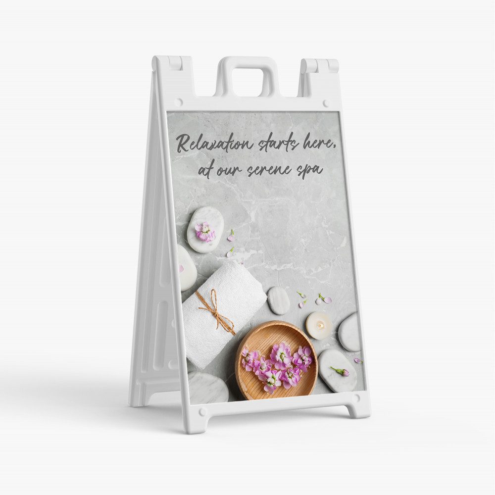 A-frame sidewalk sign with printed insert for event direction.