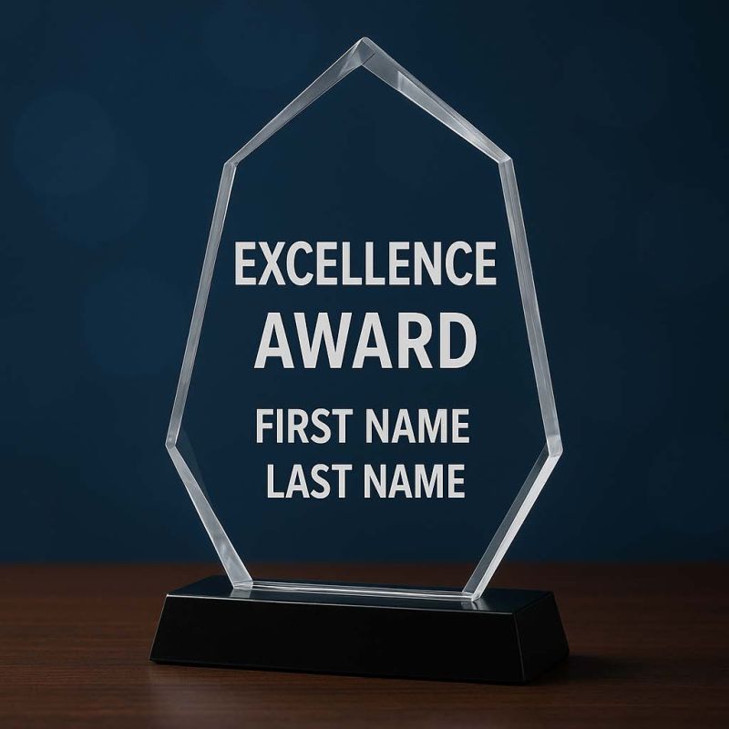 Clear acrylic award with black base and engraved recipient area.