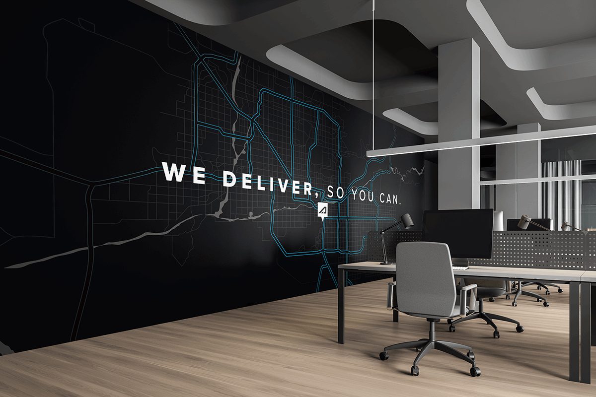 Large office wall map graphic with dimensional lettering.