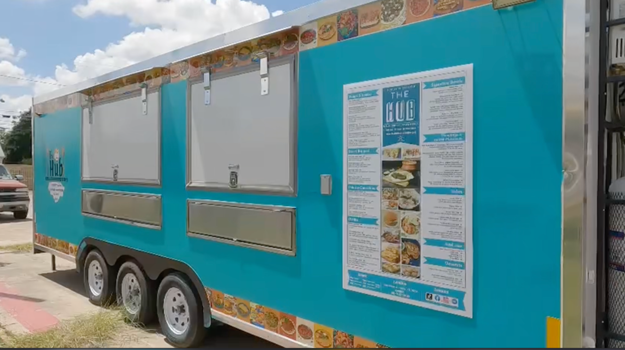 Turquoise food truck wrap with exterior menu board installed in Austin