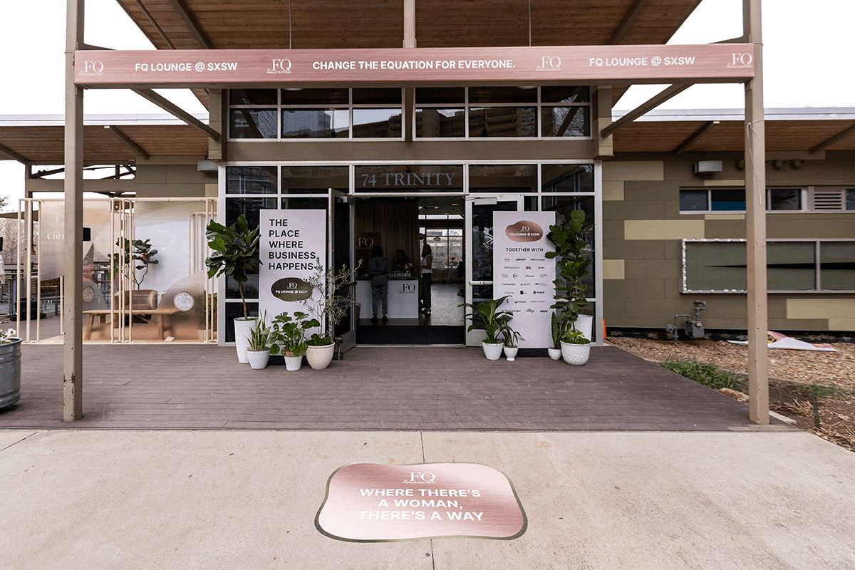 Event entrance graphics for a branded Austin event.