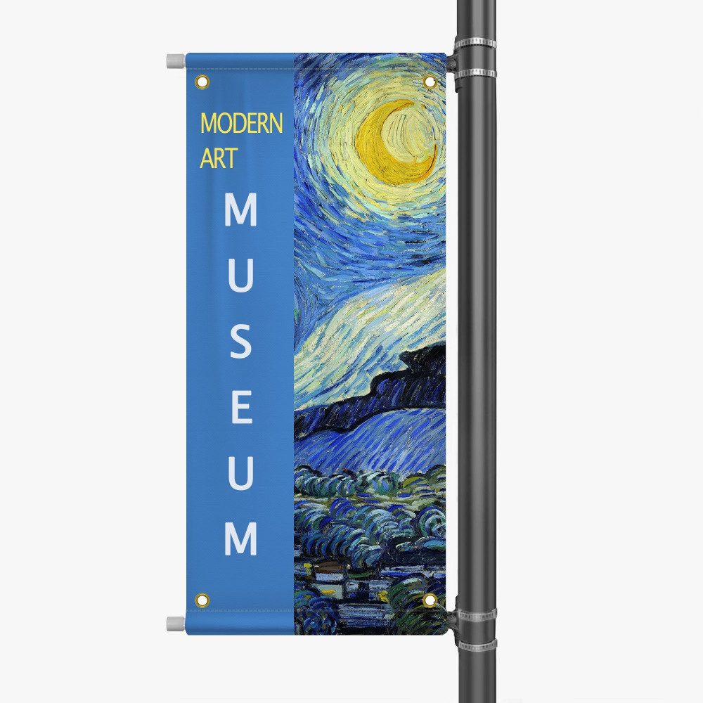 Pole banner mounted on a streetlight pole.