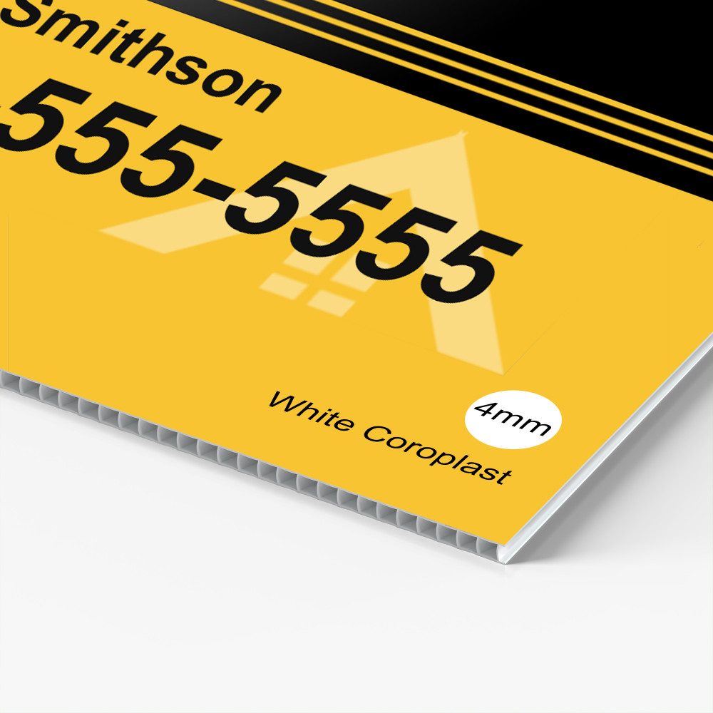Close-up of printed 4mm white Coroplast sign material.