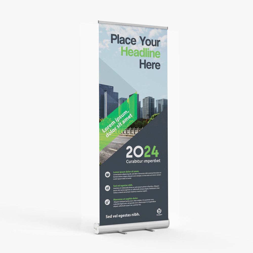 Retractable banner stand with printed display graphic.