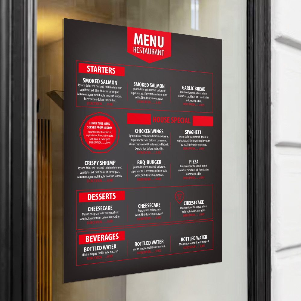 Printed restaurant menu window cling for Austin restaurant printing.