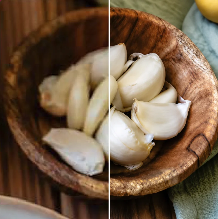 Before and after example of a low-resolution photo and an upscaled version